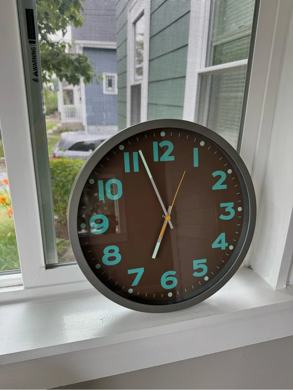Crate&Barrel Brown Clock with Teal Numerals and Silver Rim